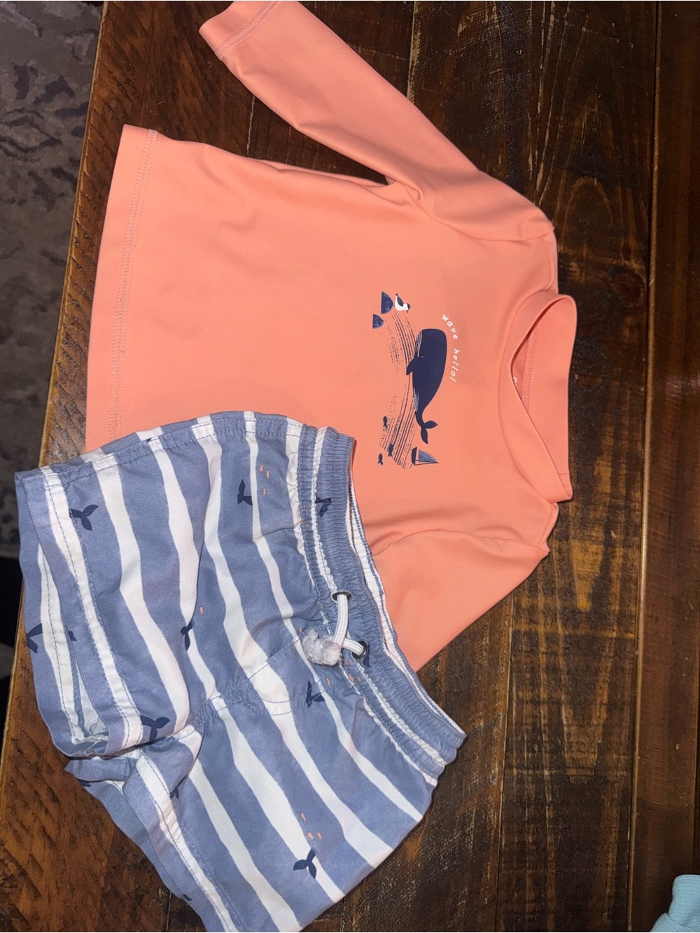 Carter's Peach Rash Guard Top with Blue & White Striped Swim Shorts